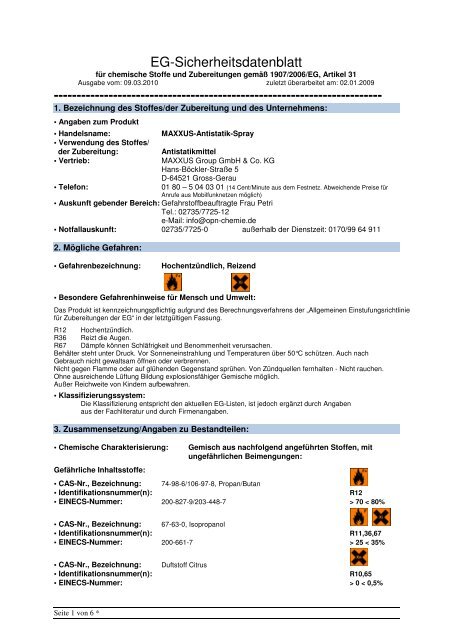 Antistatik-Spray EG-Sicherheitsdatenblatt - MAXXUS