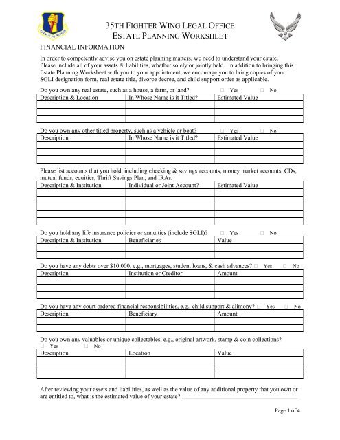 Estate Planning Worksheet - Misawa Air Base