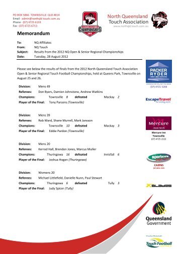 2012 NQ Championships Results - North Queensland Touch ...