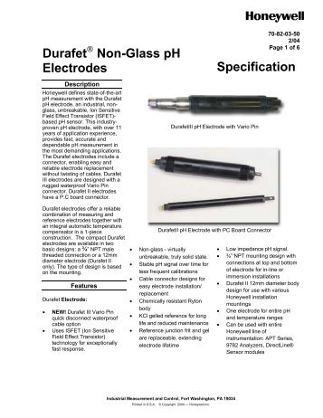 Durafet Non-Glass pH Electrodes Specification - Honeywell