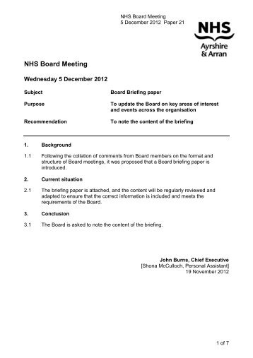 Board briefing paper - NHS Ayrshire and Arran.