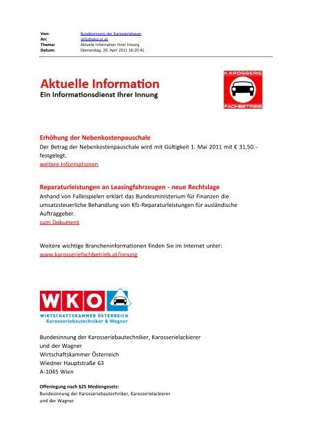 Erhöhung der Nebenkostenpauschale ab 1.5.2011 und