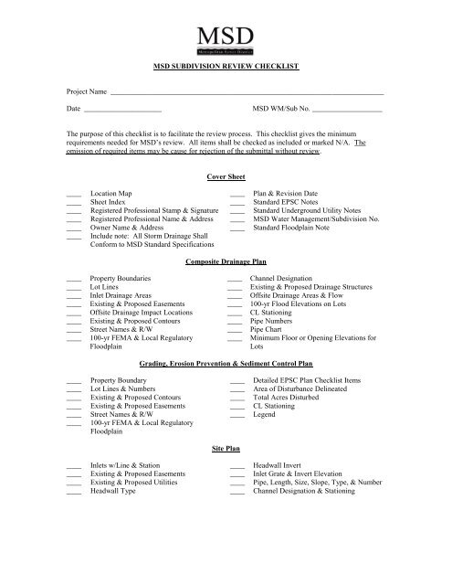 Msd Review Sample File MSD SUBDIVISION REVIEW CHECKLIST Project Name Date