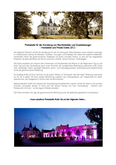 Preisliste Hochzeiten & Private Events 2012-1 - Schloss Gartrop
