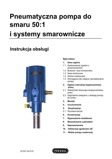 Pneumatyczna pompa do smaru 50:1 i systemy smarownicze - Pressol