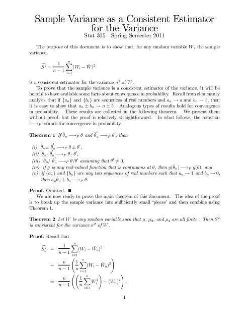 Sample Variance As A Consistent Estimator For The Variance Sample Variance As A Consistent Estimator For The Variance