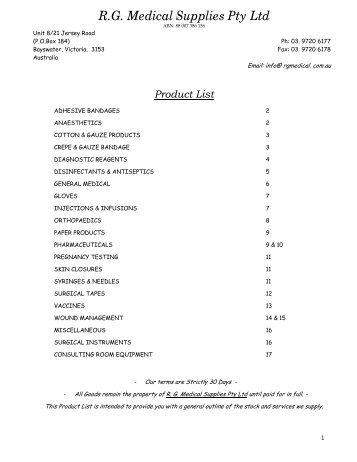 Product List - RG Medical Supplies Pty Ltd