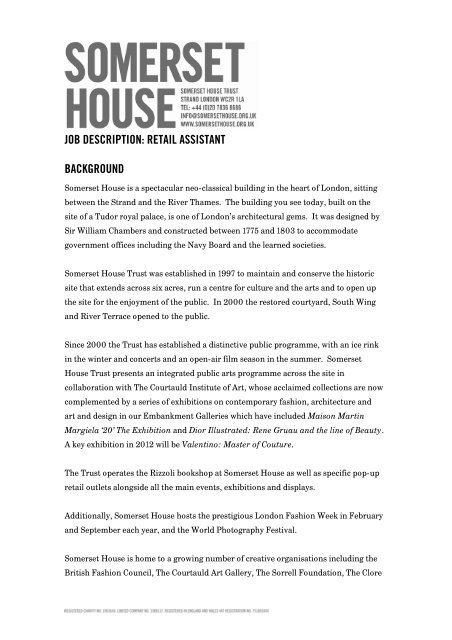 JOB DESCRIPTION TEMPORARY RETAIL STAFF Somerset House