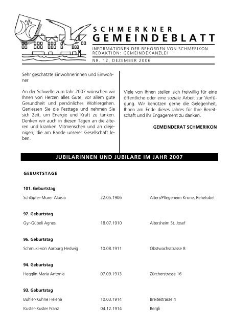 PDF: Gemeindeblatt vom Dezember 2006 - Gemeinde Schmerikon