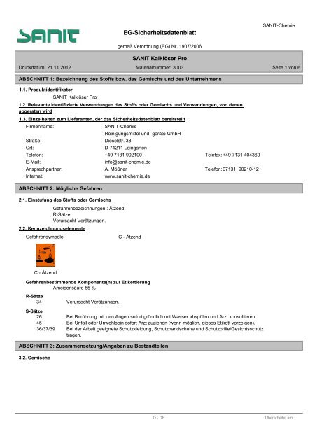 EG-Sicherheitsdatenblatt - SANIT Reinigungsmittel und