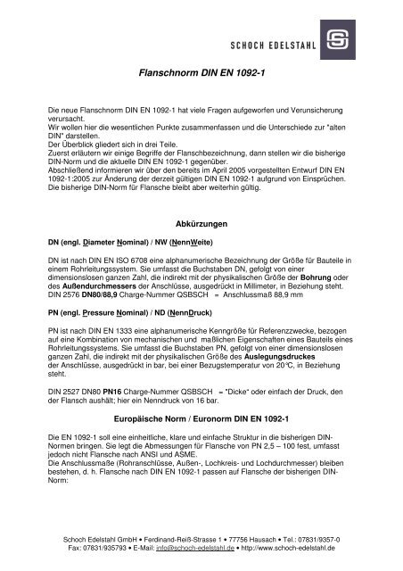 Flanschnorm Din En 1092 1 Schoch Edelstahl Gmbh