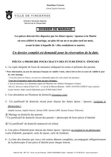 renseignements sur la constitution d'un dossier de mariage - Ville de ...