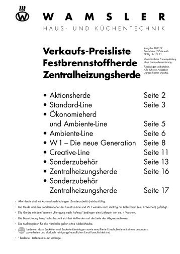 Wamsler Preisliste Festbrenns.- u. Zentalheizungsherde