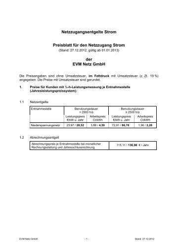 Download PDF: Anlage 3: Preisblatt Netzentgelte - EVM Netz