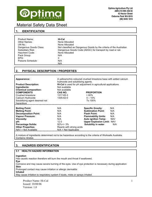Hi Cal MSDS Optima Agriculture