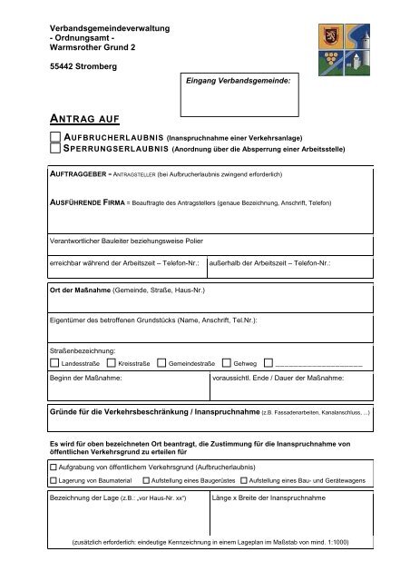 ANTRAG AUF - Verbandsgemeinde Stromberg