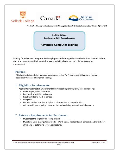 Advanced Computer Training - Selkirk College