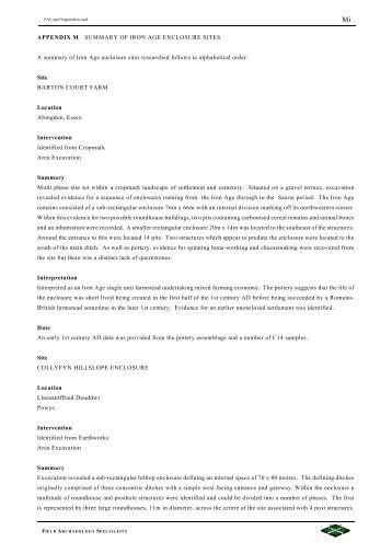 APPENDIX M SUMMARY OF IRON AGE ENCLOSURE SITES A ...