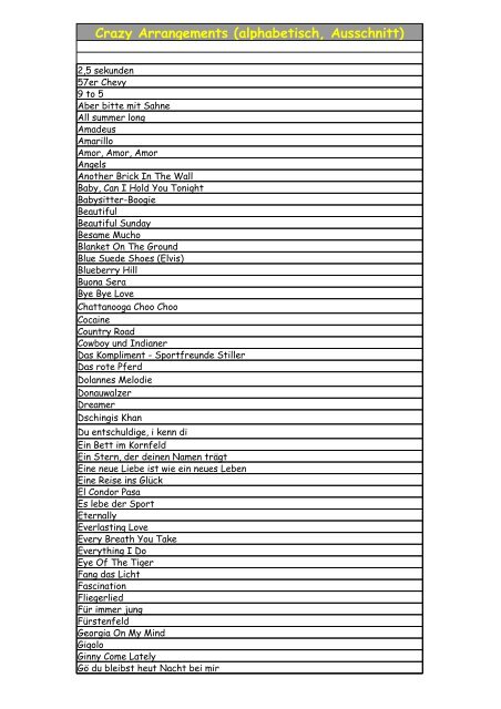 Crazy Arrangements (alphabetisch, Ausschnitt)