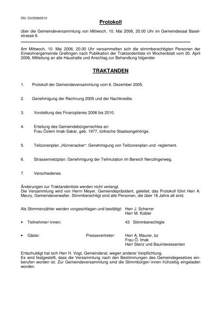 Protokoll TRAKTANDEN - Grellingen