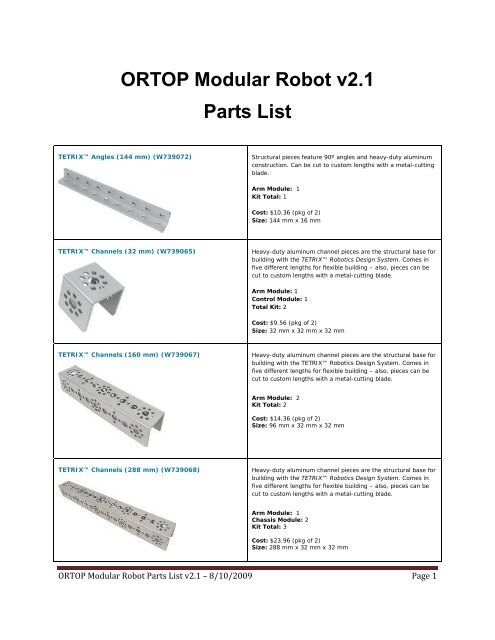 ORTOP Modular Robot v2.1 Parts List