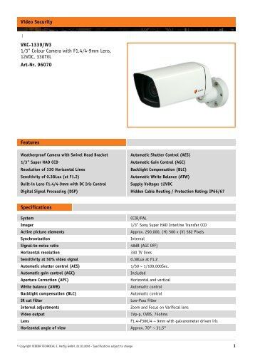 Video Security VKC-1339/W3 1/3" Colour Camera with F1.4/4-9mm ...