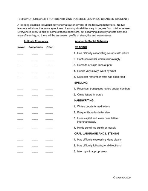 © CALPRO 2009 BEHAVIOR CHECKLIST FOR IDENTIFYING ...