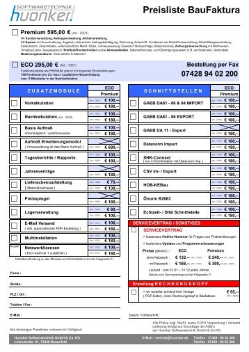 Preisliste BauFaktura - Huonker Softwaretechnik