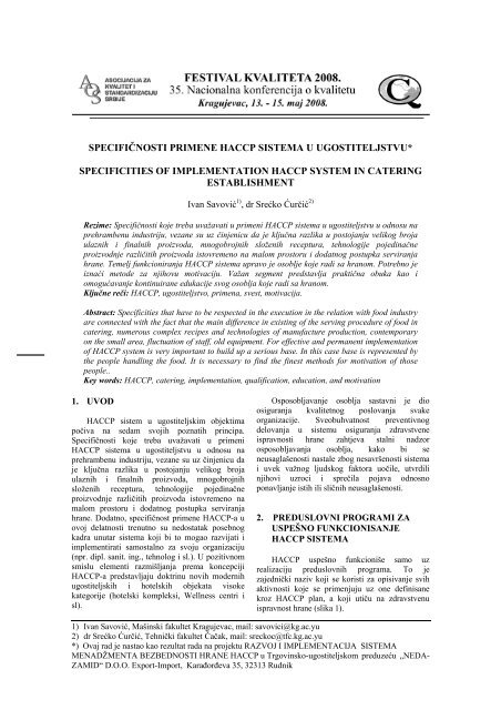 specifičnosti primene haccp sistema u ugostiteljstvu* specificities of ...