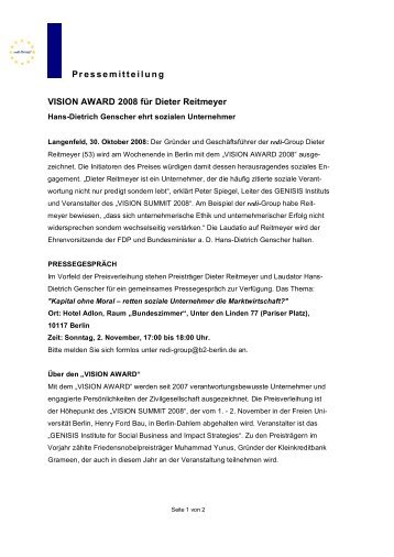 'VISION AWARD 2008 fÃ¼r Dieter Reitmeyer'. - redi-Group