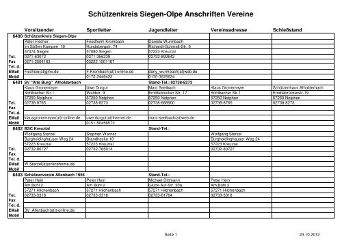 Schützenkreis Siegen-Olpe Anschriften Vereine
