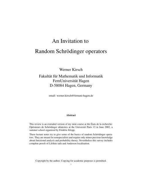 An Invitation to Random Schr¨odinger operators - FernUniversität in ...