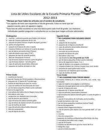 Lista de Utiles Escolares de la Escuela Primaria Pioneer 2012-2013