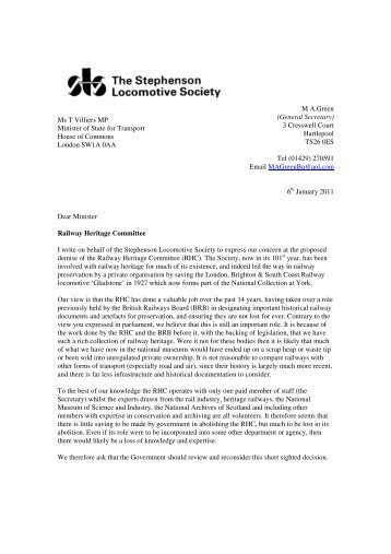 letter of representation re the Railway heritage Committee