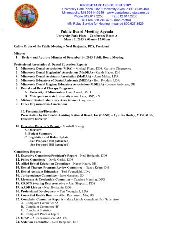 PUBLIC BOARD MEETING AGENDA - Minnesota Board of Dentistry