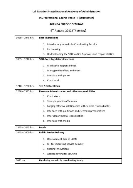 SDO Seminar Schedule on 9th August, 2012 - lbsnaa