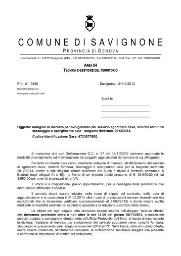 Lettera trasmissione richiesta preventivo - Comune di Savignone