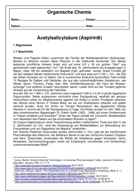 AcetylsalicylsÃ¤ure (AspirinÂ®) Organische Chemie - Adam Vollmer