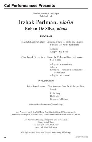 Itzhak Perlman, violin Rohan De Silva, piano - Cal Performances