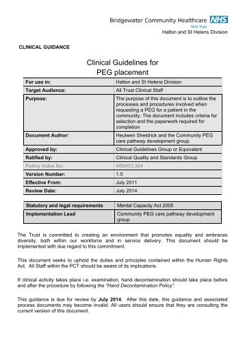 Clinical Guidelines for PEG placement - Halton and St Helens PCT