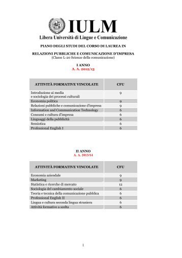 PIANO DEGLI STUDI DEL CORSO DI LAUREA IN RELAZIONI ... - Iulm