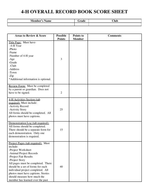 4-H OVERALL RECORD BOOK SCORE SHEET