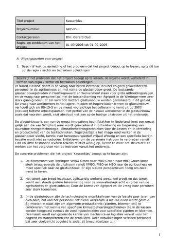 Titel project Kassenklas Projectnummer IA05058 Contactpersoon ...