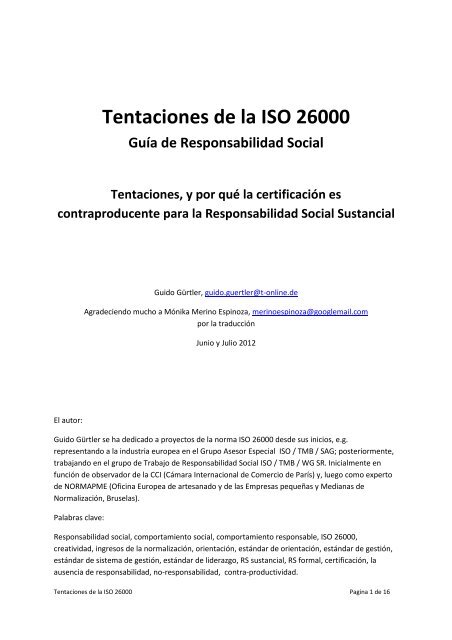 Tentaciones de la ISO 26000 - ISO 26000, an estimation