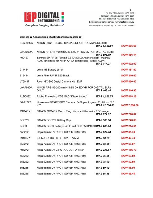 Camera & Accessories Stock Clearance (March 09) FSA906CA ...