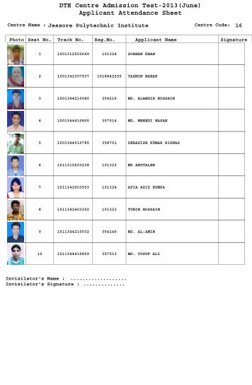 DTE Centre Admission Test-2013(June) Applicant Attendance Sheet