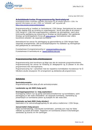 D-19 Arbeidsbeskrivelse â Programansvarlig ... - CISV Norge