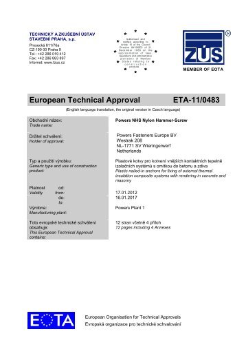 European Technical Approval ETA-11/0483 - bei Powers Europe