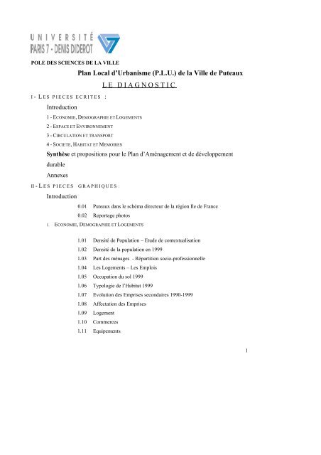 Plan Local d'Urbanisme (PLU) de la Ville de Puteaux LE DIAGNOSTIC