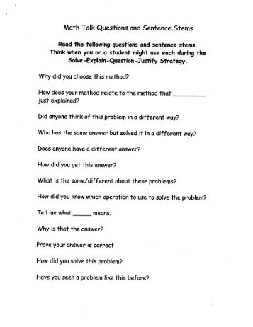Math Talk Questions and Sentence Stems Read the following ...